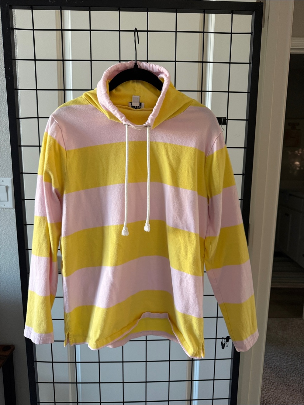 J. Crew Pink and Yellow Striped Hooded Crewneck